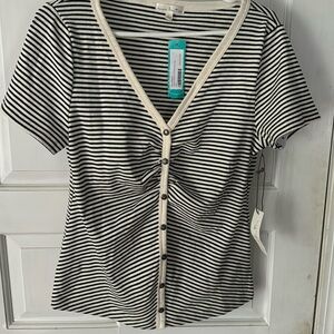 nine britton Black and White Striped V-Neck Button Front Top